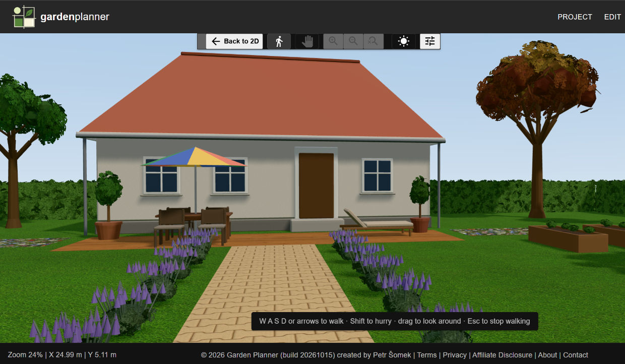 Virtual garden walkthrough at eye height: walking up the paved garden path between lavender towards the house and the terrace, with trees and a hedge under a blue sky