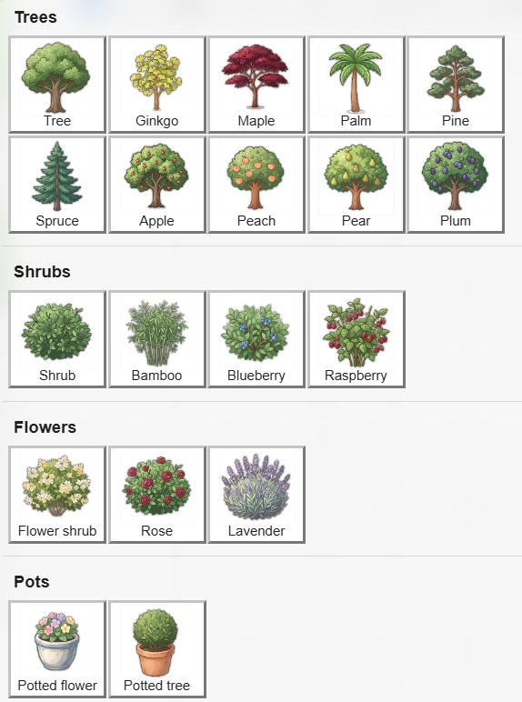 Garden Planner plant library showing tree, shrub, flower and potted plant icons including ginkgo, maple, palm, apple, pear, plum, bamboo, blueberry, rose and lavender
