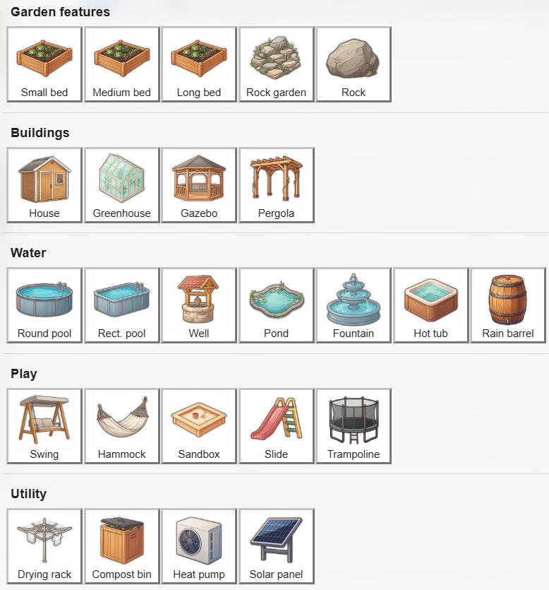 Garden Planner structure library showing raised beds, greenhouse, gazebo, pergola, swimming pools, pond, fountain, hot tub, trampoline, compost bin and solar panel icons