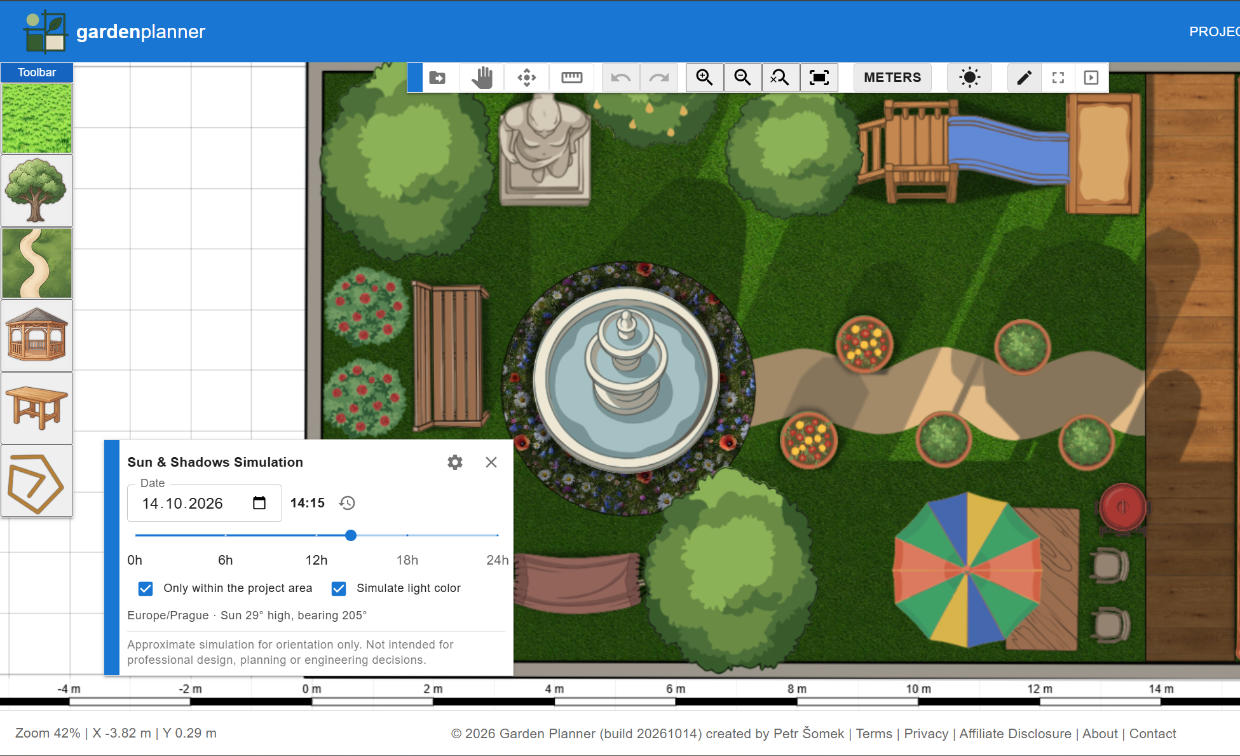 Garden Planner sun and shadow simulation: trees, hedges and a house cast afternoon shadows across a garden plan, with the date and time-of-day slider in the top bar