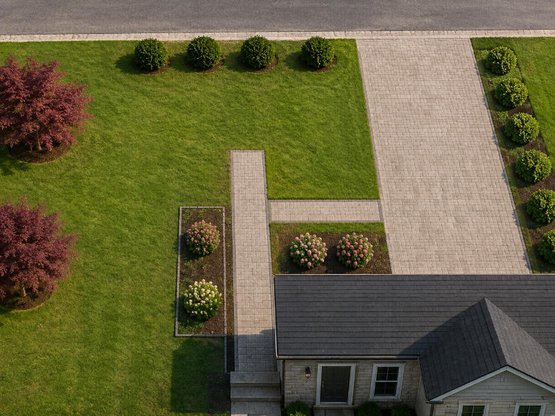 AI visualization of the same front yard landscaping showing the driveway, trimmed hedge and planted entrance