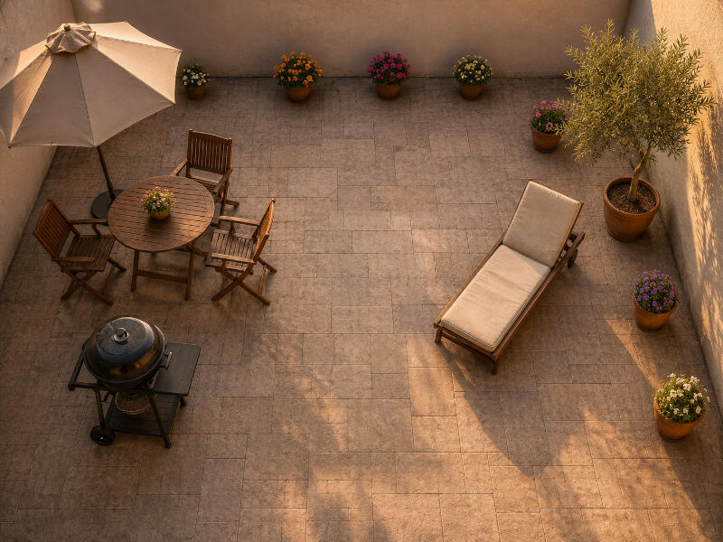 AI visualization of the same small courtyard garden as a cozy paved outdoor space with pots and seating
