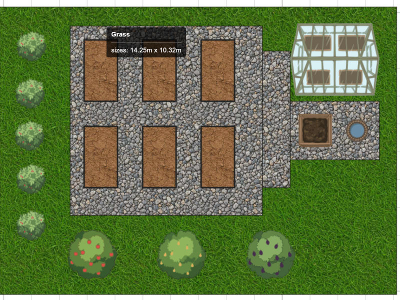 Vegetable garden layout plan in Garden Planner with six raised beds, wheelbarrow-width gravel paths, a greenhouse and a compost bin, with the exact plot dimensions shown on screen